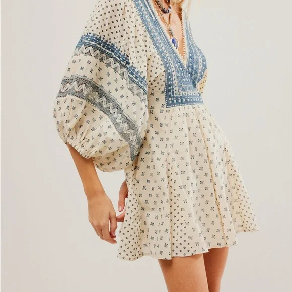 Free People Sweet Southwest Mini Dress - Tea Combo / Cream & Blue (S)